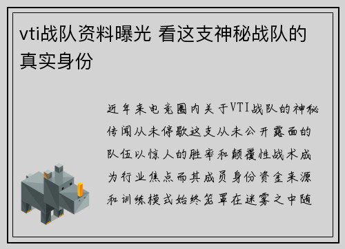 vti战队资料曝光 看这支神秘战队的真实身份