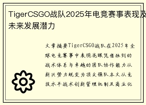 TigerCSGO战队2025年电竞赛事表现及未来发展潜力