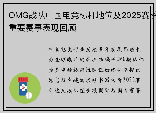 OMG战队中国电竞标杆地位及2025赛季重要赛事表现回顾